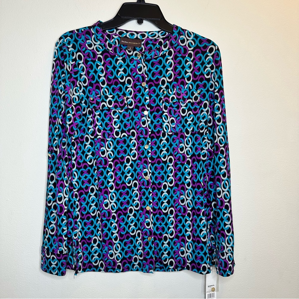 Dana Buchman Shirt  Women Size S teal blue purple Blouse Long sleeve Ladies